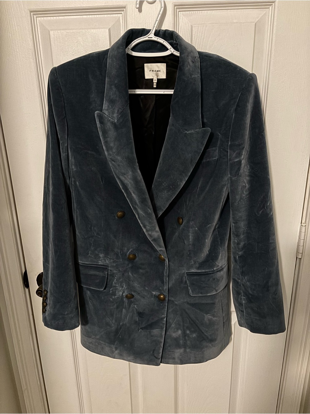 FRAME Double-Breasted Cotton-Blend Velvet Blazer Blue with Gold Accents Size 6 - Picture 6 of 15